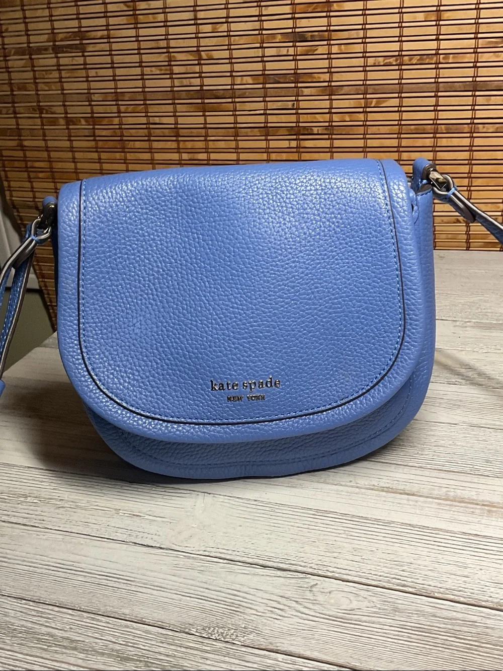 Kate Spade Roulette Small Saddle Bag Blue Pebbled Leather Crossbody Purse Flap